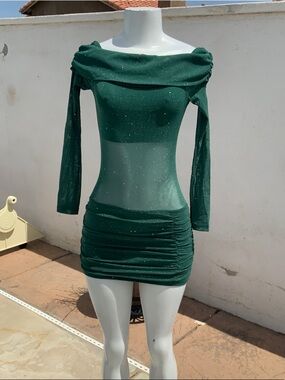 Women's Emerald Off-Shoulder Sheer Ruched Mini Dress